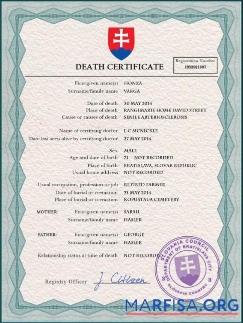 Printable Slovakia vital record death certificate PSD template